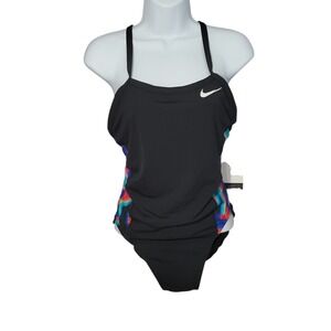 Nike Swim HydraStrong One Piece Swimsuit Womens 8 Black Multi Color Athletic NEW